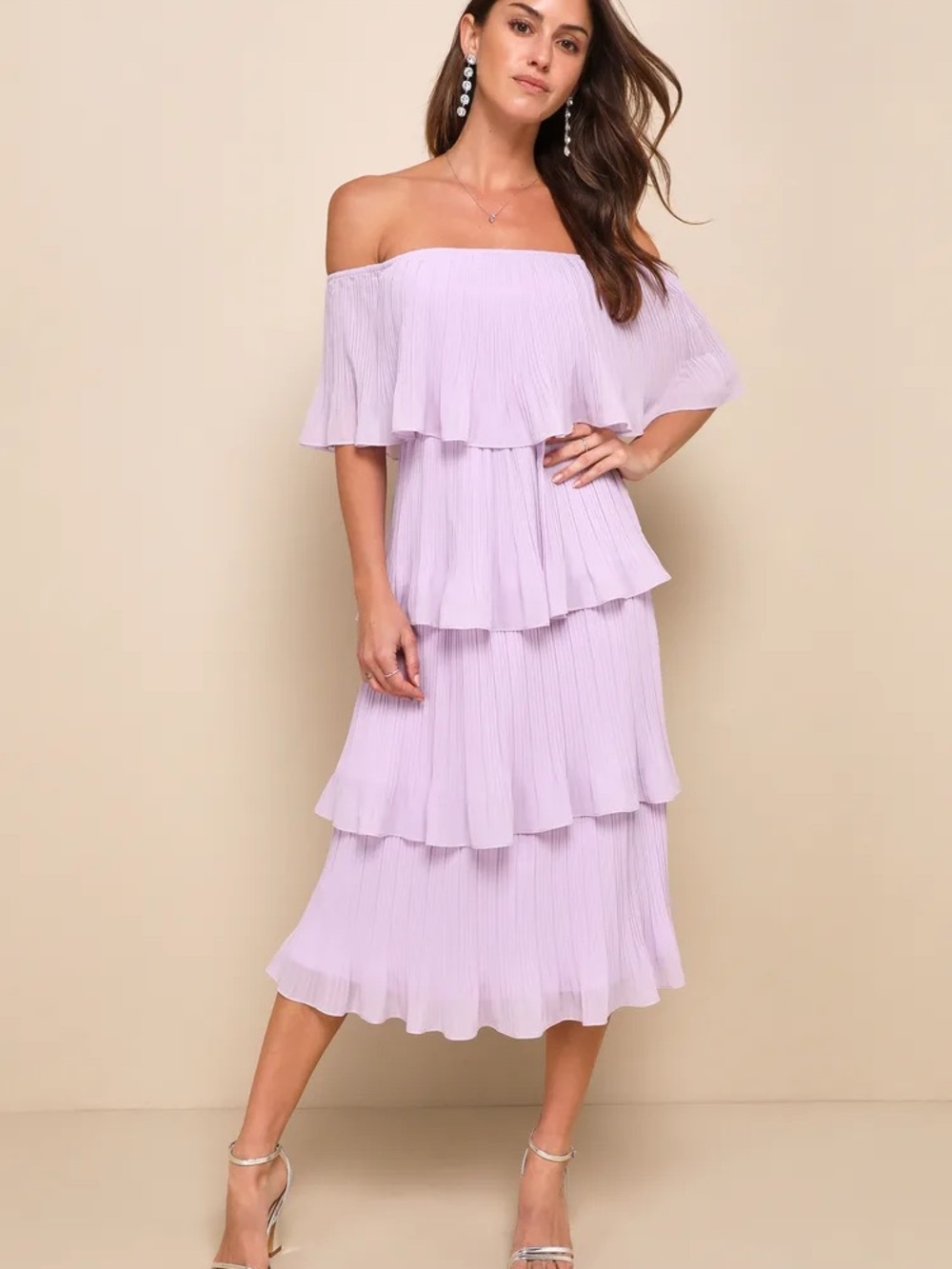 (NWT) Lulus - Off-Shoulder Tiered Midi Dress in Lavender